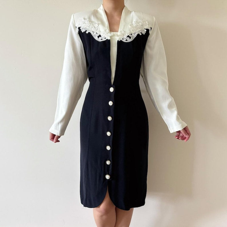 vintage dress shirt dress 80s retro vintage style white black lace secretary dress button down floral minimalist Made in USA size M