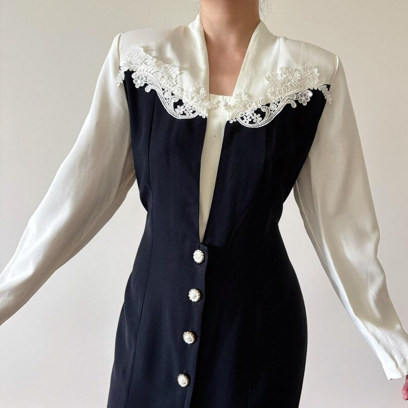 vintage dress shirt dress 80s retro vintage style white black lace secretary dress button down floral minimalist Made in USA size M