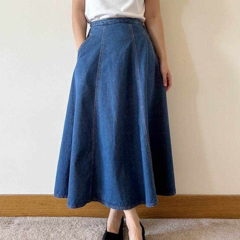 vintage denim skirt cotton skirt midi skirt maxi sun skirt boho circle skirt minimalist Eddie Bauer 90s retro vintage style blue size S/PM