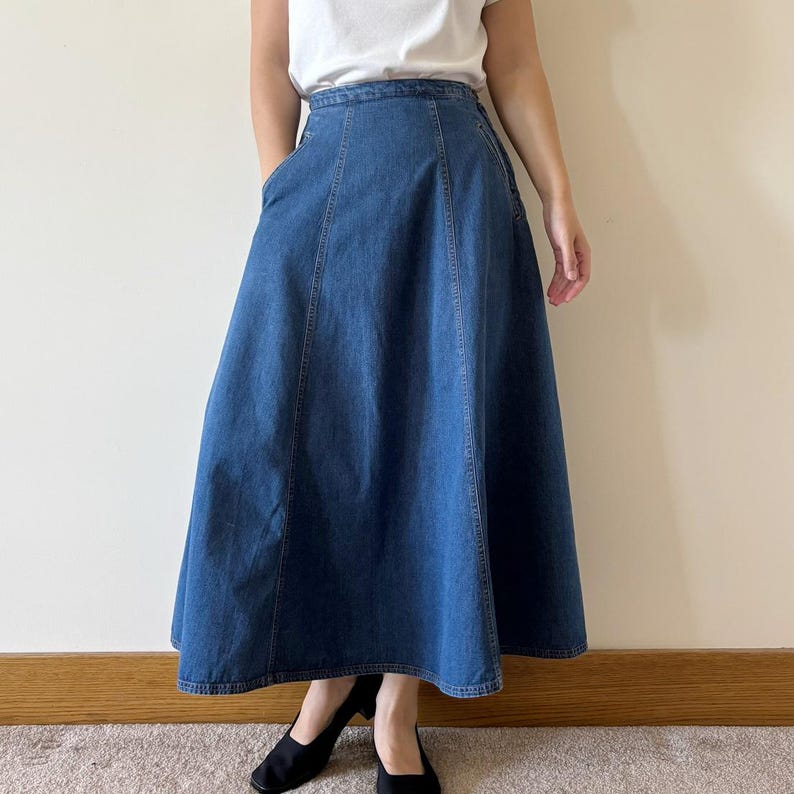vintage denim skirt cotton skirt midi skirt maxi sun skirt boho circle skirt minimalist Eddie Bauer 90s retro vintage style blue size S/PM