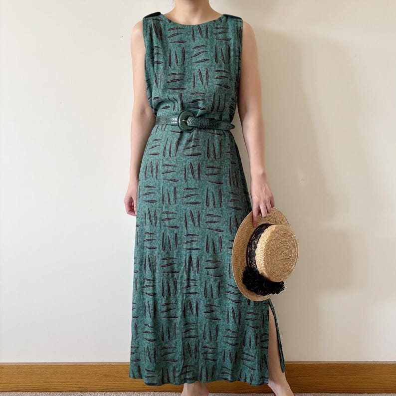 vintage dress pinafore dress green market dress pencil dress wrinkled maxi dress boho vintage style 90s retro floral leaf size M/L