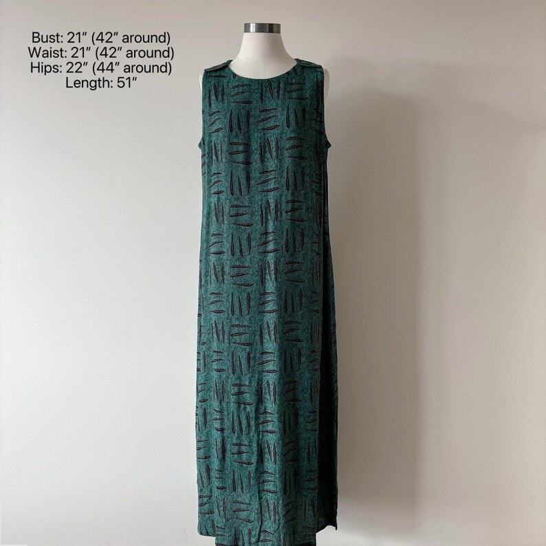 vintage dress pinafore dress green market dress pencil dress wrinkled maxi dress boho vintage style 90s retro floral leaf size M/L