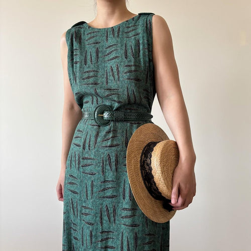 vintage dress pinafore dress green market dress pencil dress wrinkled maxi dress boho vintage style 90s retro floral leaf size M/L