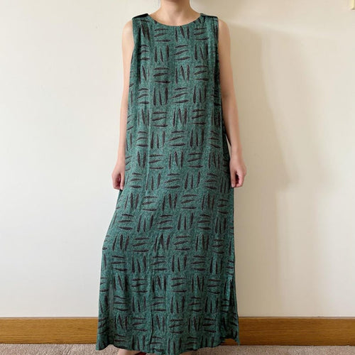 vintage dress pinafore dress green market dress pencil dress wrinkled maxi dress boho vintage style 90s retro floral leaf size M/L