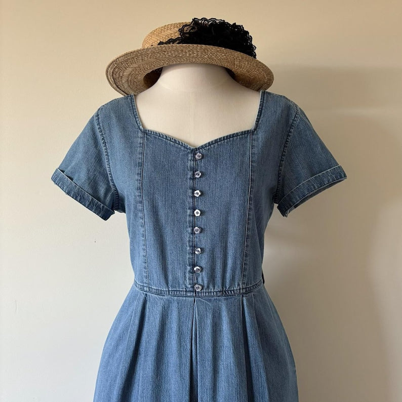 vintage denim dress shirt dress blue midi field dress market dress sun dress plated dress retro vintage style 80s 90s long dress size S/M