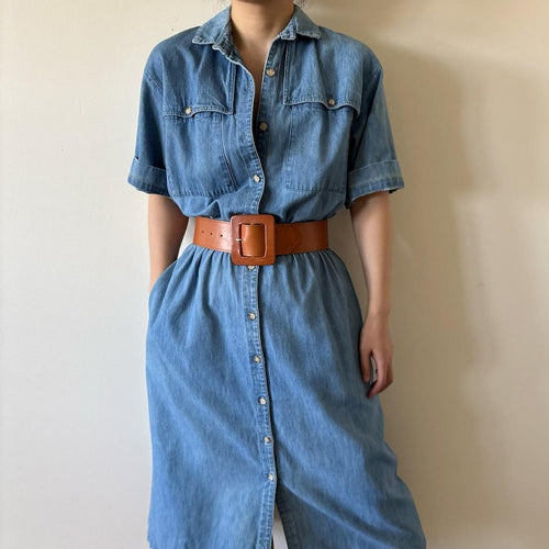 vintage denim dress shirt dress button down blue midi field dress market dress sun dress retro vintage style 80s 90s Made in USA size M/L