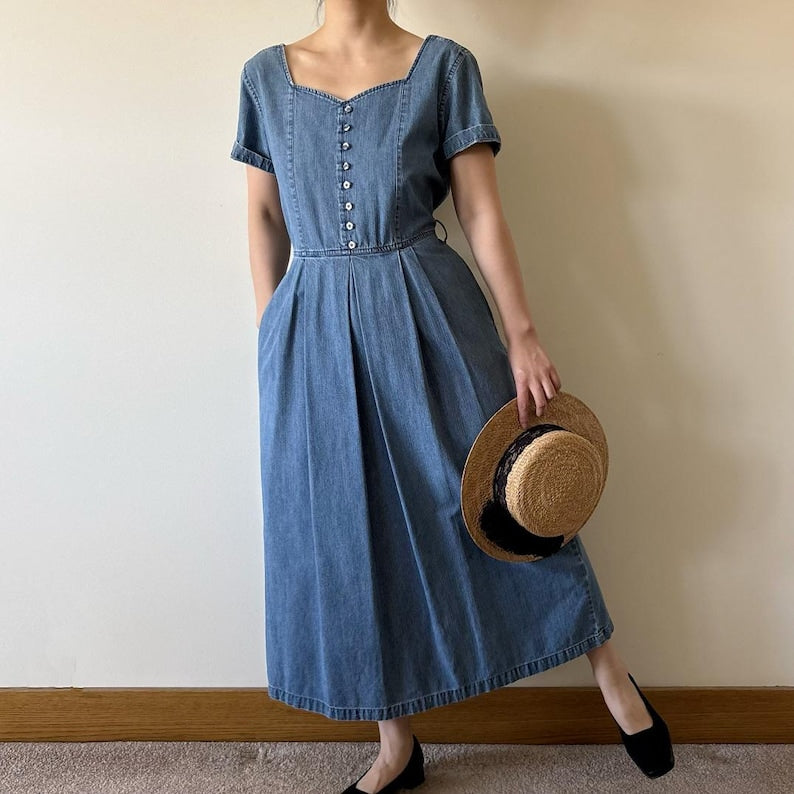 vintage denim dress shirt dress blue midi field dress market dress sun dress plated dress retro vintage style 80s 90s long dress size S/M