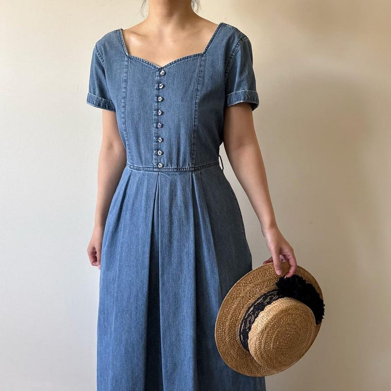 vintage denim dress shirt dress blue midi field dress market dress sun dress plated dress retro vintage style 80s 90s long dress size S/M