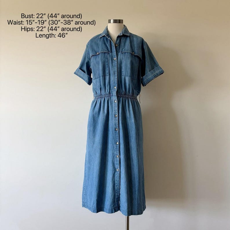 vintage denim dress shirt dress button down blue midi field dress market dress sun dress retro vintage style 80s 90s Made in USA size M/L
