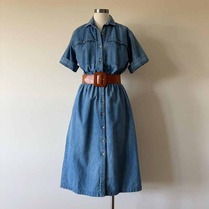 vintage denim dress shirt dress button down blue midi field dress market dress sun dress retro vintage style 80s 90s Made in USA size M/L