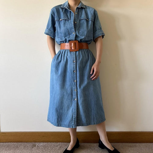 vintage denim dress shirt dress button down blue midi field dress market dress sun dress retro vintage style 80s 90s Made in USA size M/L
