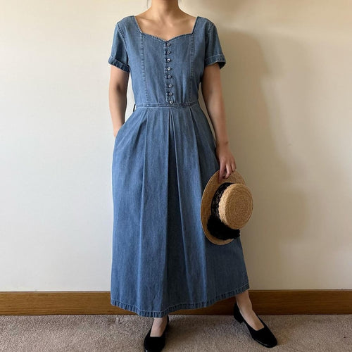 vintage denim dress shirt dress blue midi field dress market dress sun dress plated dress retro vintage style 80s 90s long dress size S/M