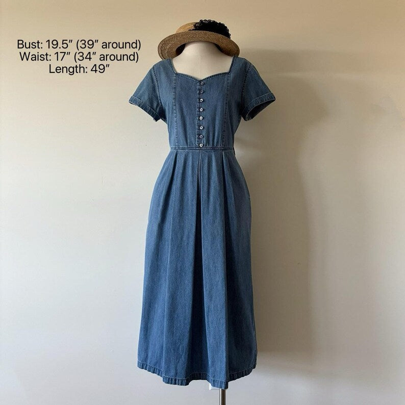 vintage denim dress shirt dress blue midi field dress market dress sun dress plated dress retro vintage style 80s 90s long dress size S/M